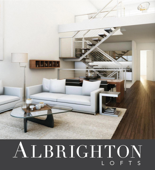 Albrighton lofts logo white vertical space with stairs