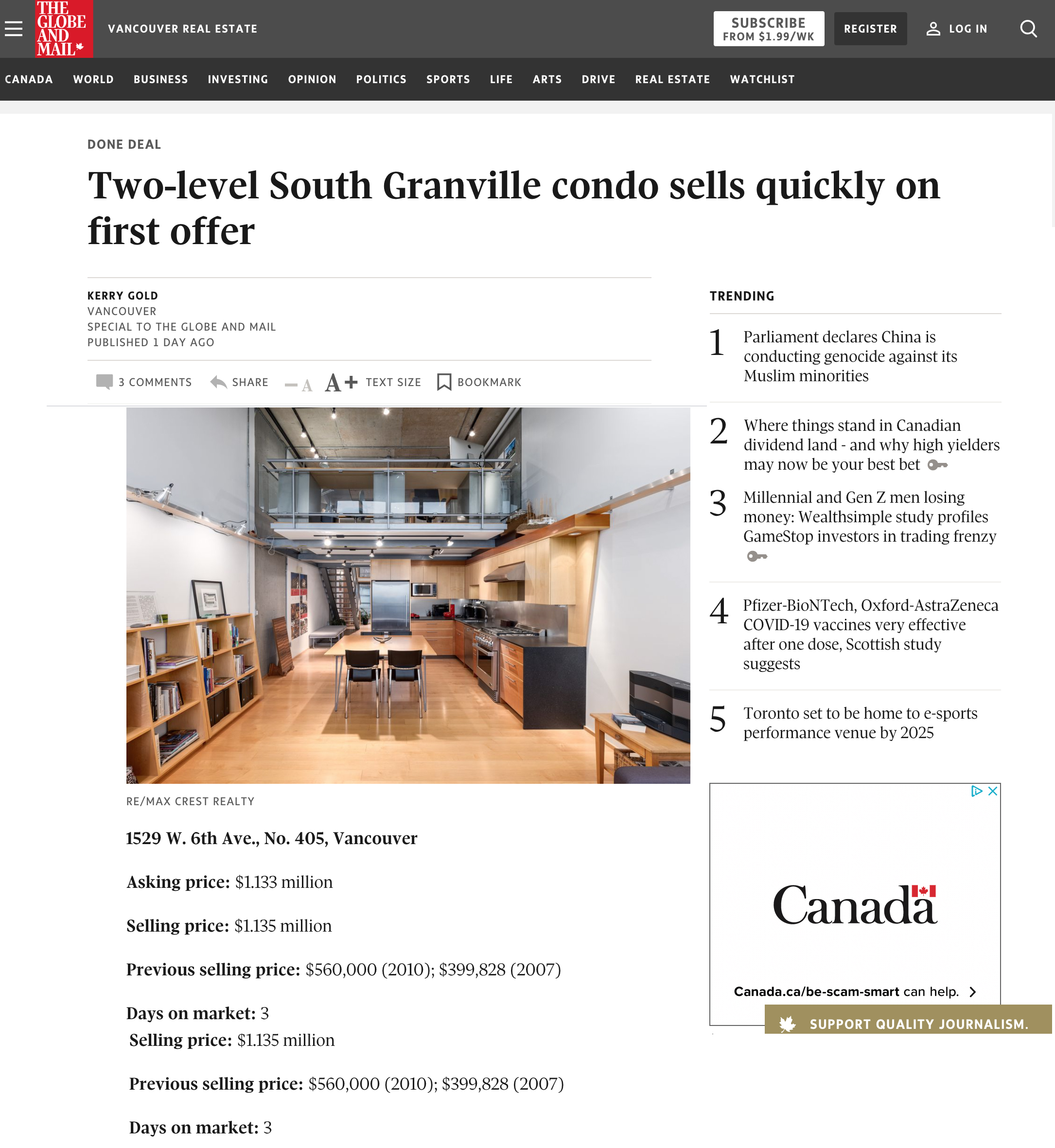 globe and mail done deal vancouver loft