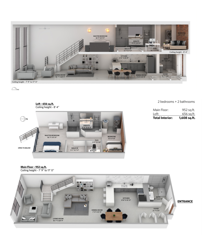 the workshop loft 2 bedrooms floor plan and side section rendering the workshop loft 2 bedrooms a