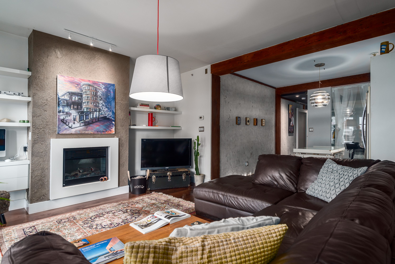 Alda Living Room 314-1275 Hamilton St - Wood Beams and Concrete Walls